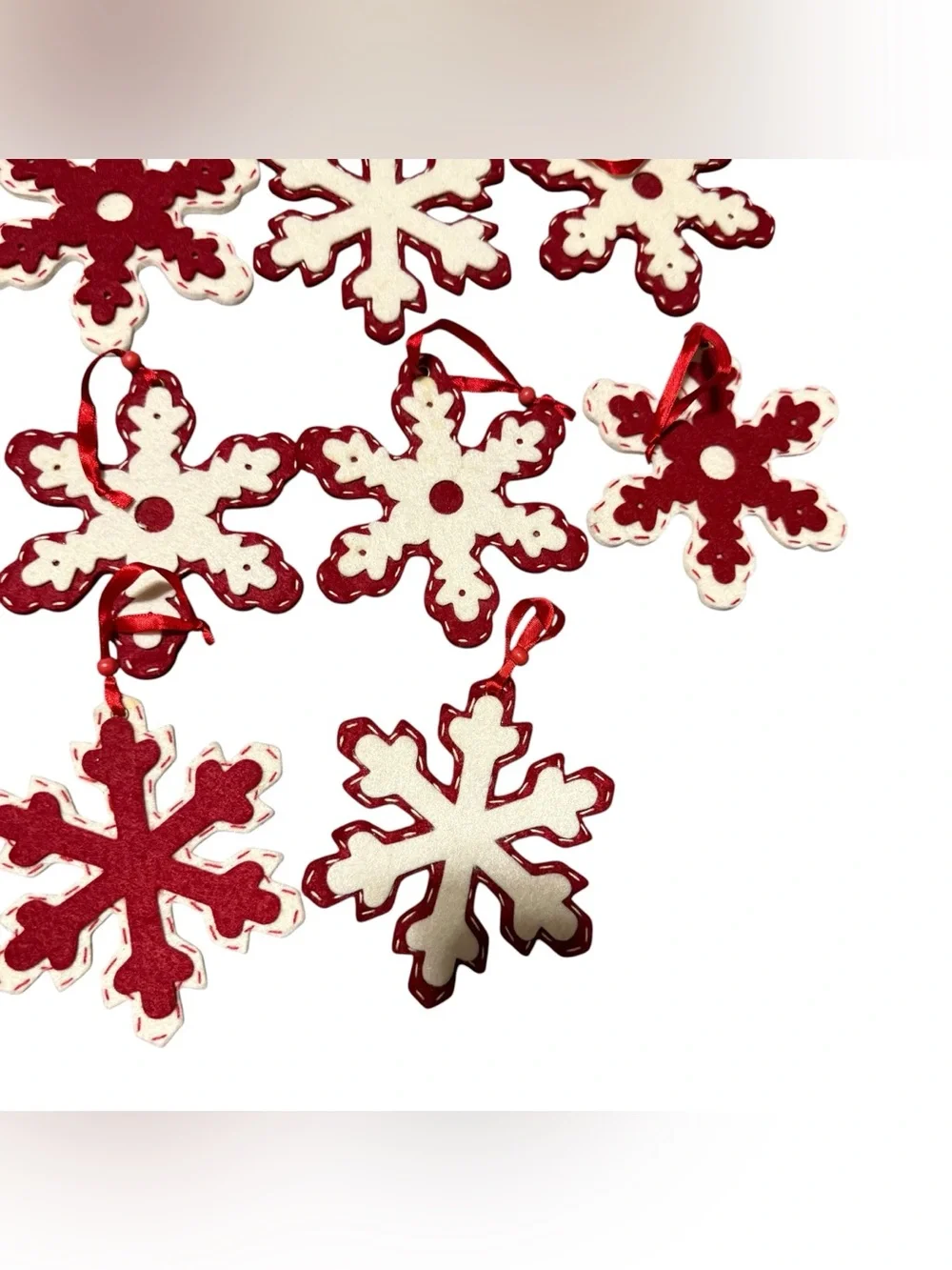 Lot Of 18 Snowflake Christmas Ornaments Felt Red White